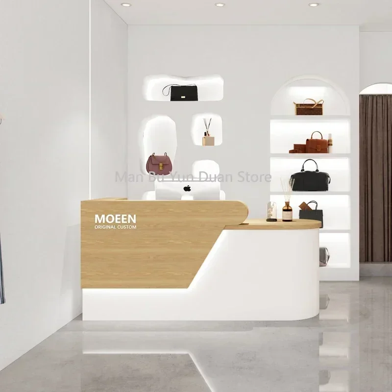 

Reception Beauty Salon Entrance Tables Front Desk Counter Clothes Promotional Table Led Cash Reception Counter Wooden Churches