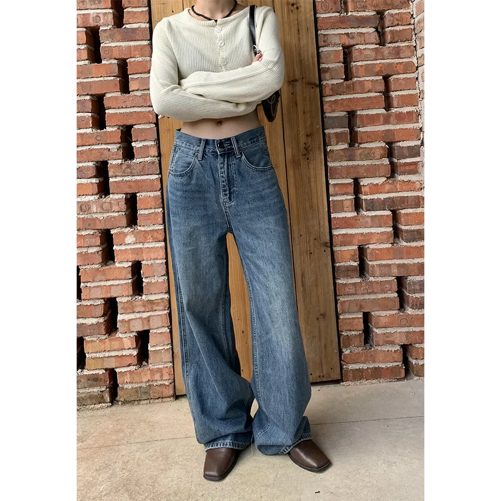 

Корейские винтажные свободные джинсы с широкими штанинами, женские весенние модные джинсы с эффектом состаривания, длинные брюки в стиле кэжуал, комфортные джинсы в пол