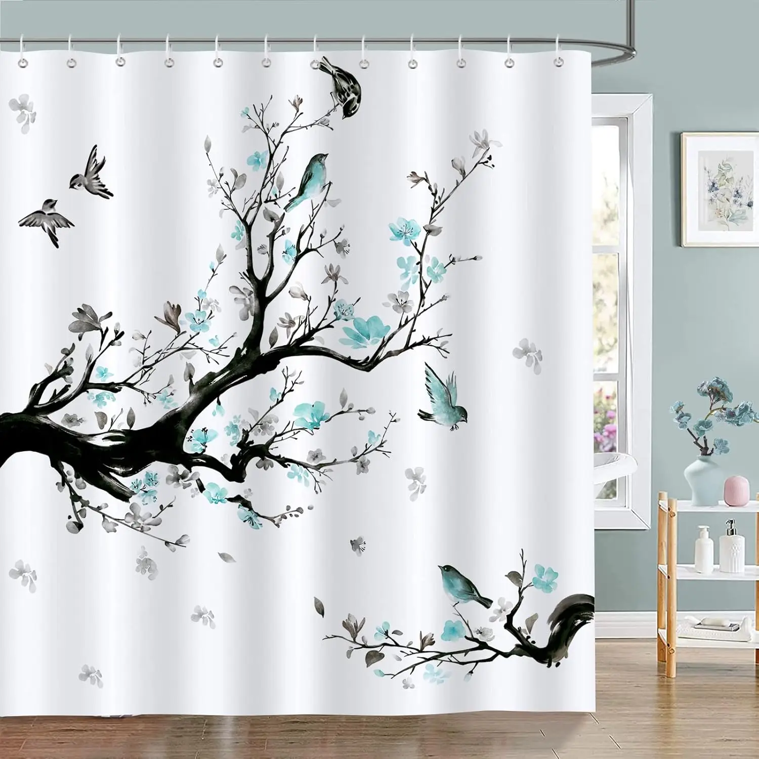 Blue Floral Bird Shower Curtain Watercolor Flower Birds Tree Branch Cherry Blossom Abstract Art Bathroom Decor Fabric with Hooks