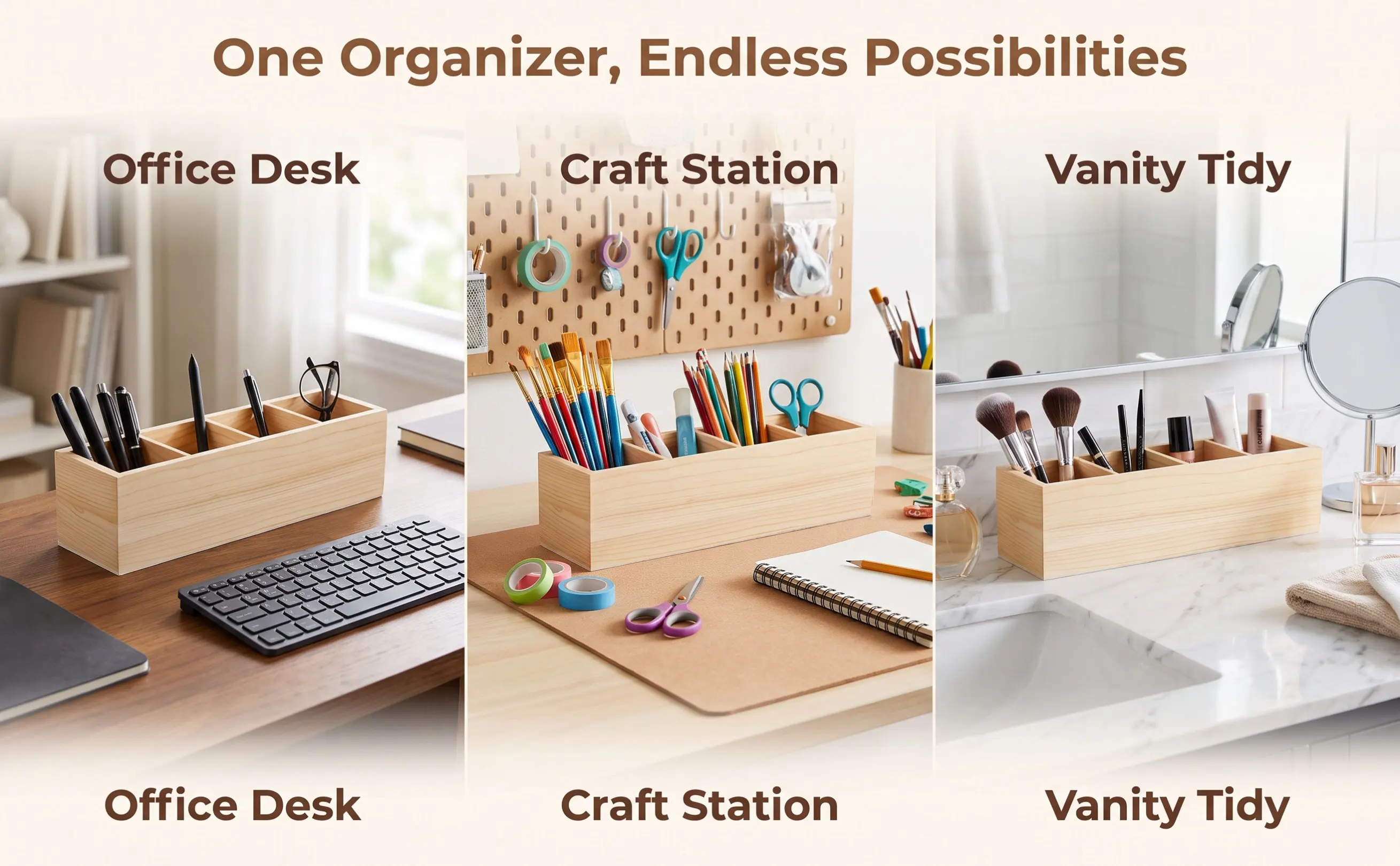 Pine Wood Pen Holder Desk Organizer for Makeup Brushes, Lipsticks, Nail Polish & Stationery – Vertical Storage