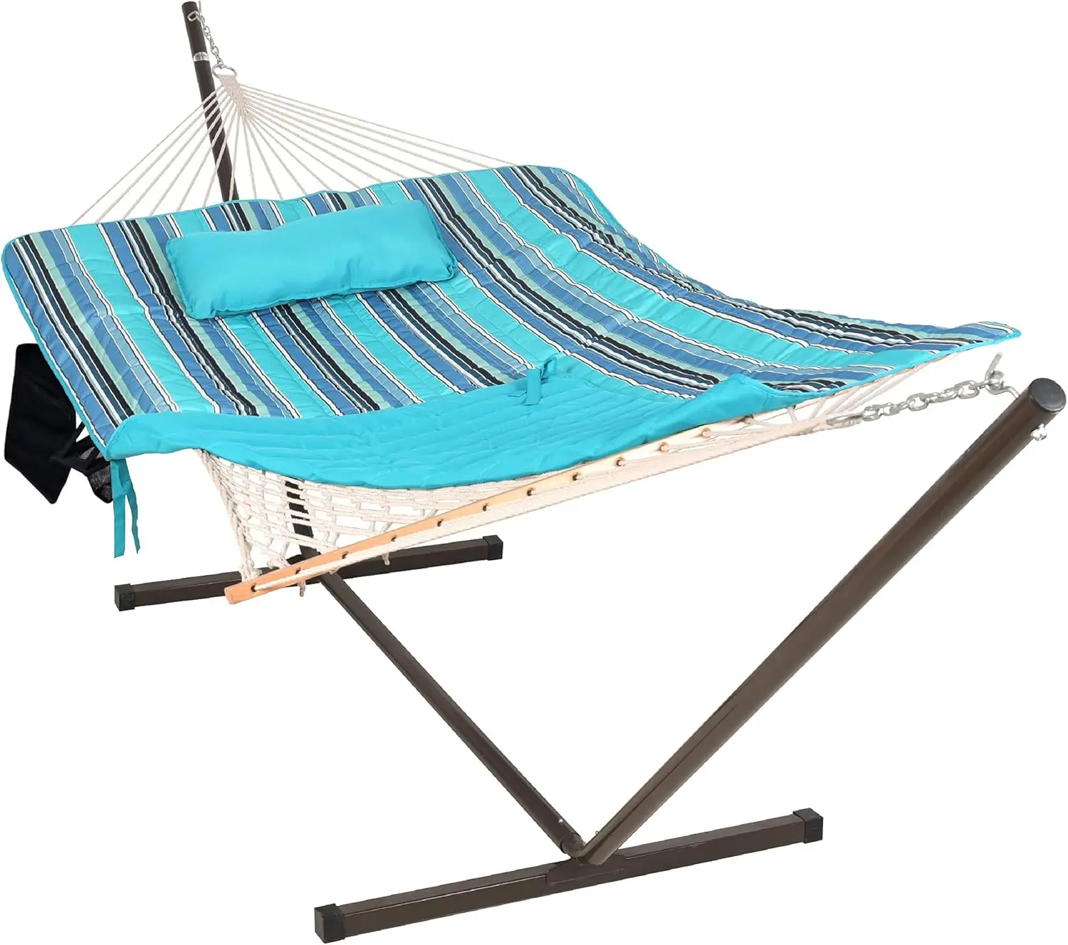 

Double Outdoor Hammock with 12 ft Steel Stand, 2 Person Cotton Rope Hammock with Quilted Pad and Detachable Pillow