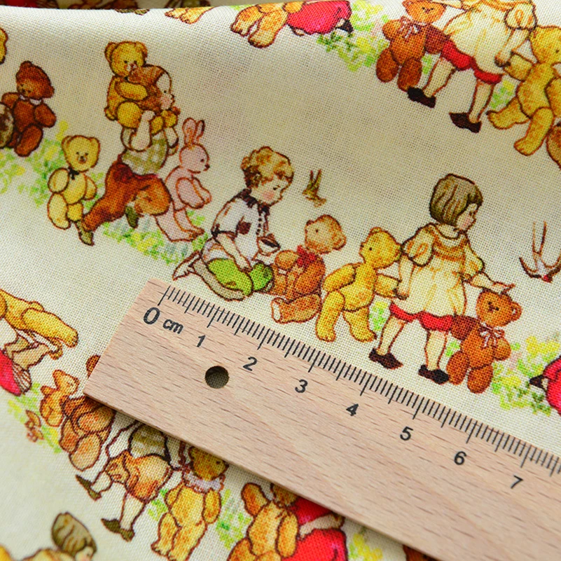 Pure Cotton Fabric Cartoon Bear Girl Pastoral Flowers Digital Printing Handmade DIY by Half Meter