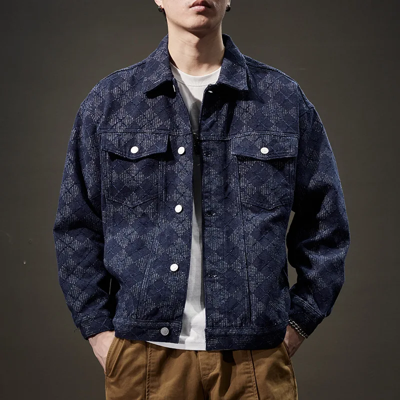 Men's loose large size senior sense jacquard denim coat Spring and autumn new small fragrant style sub jacket