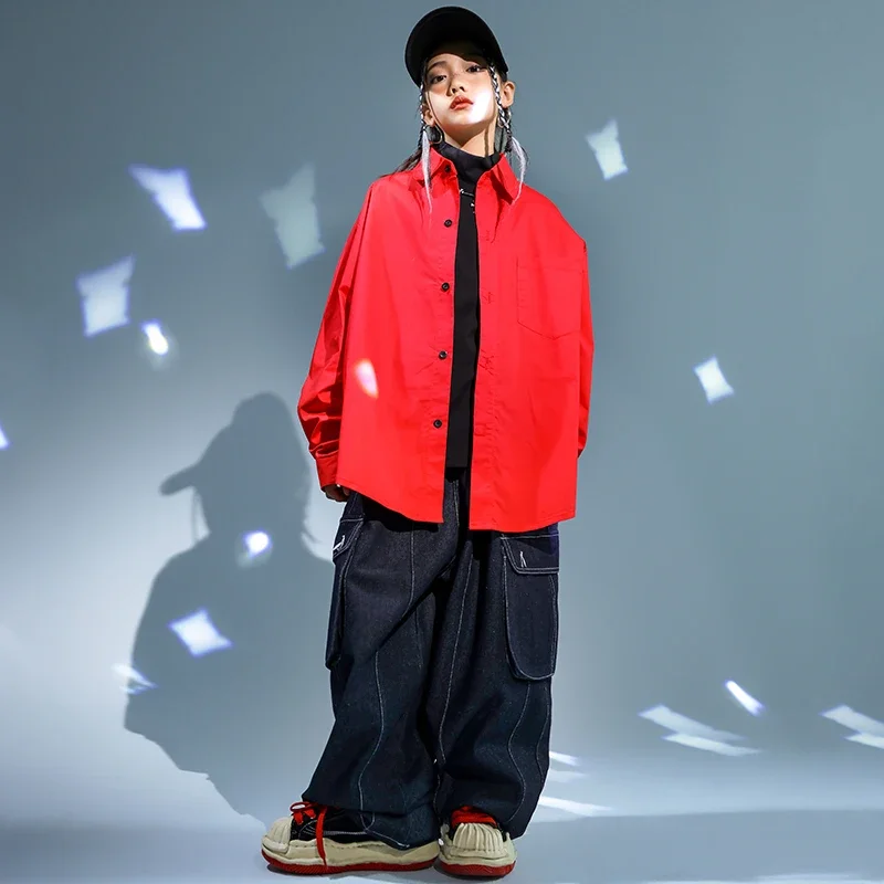 Kinder Hip Hop Kleidung Rote Jacke Mantel Casual Street Strap Cargo Hosen für Mädchen Junge Jazz Dance Kostüm Teenager Kpop Kleidung