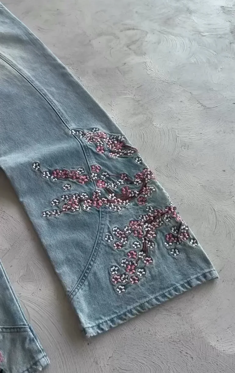 アメリカンレトロ刺繍デニムパンツ 桜柄 Y2K レトロ ルーズ ストリート ストレートジーンズ ハイウエスト ブルー ジーンズ