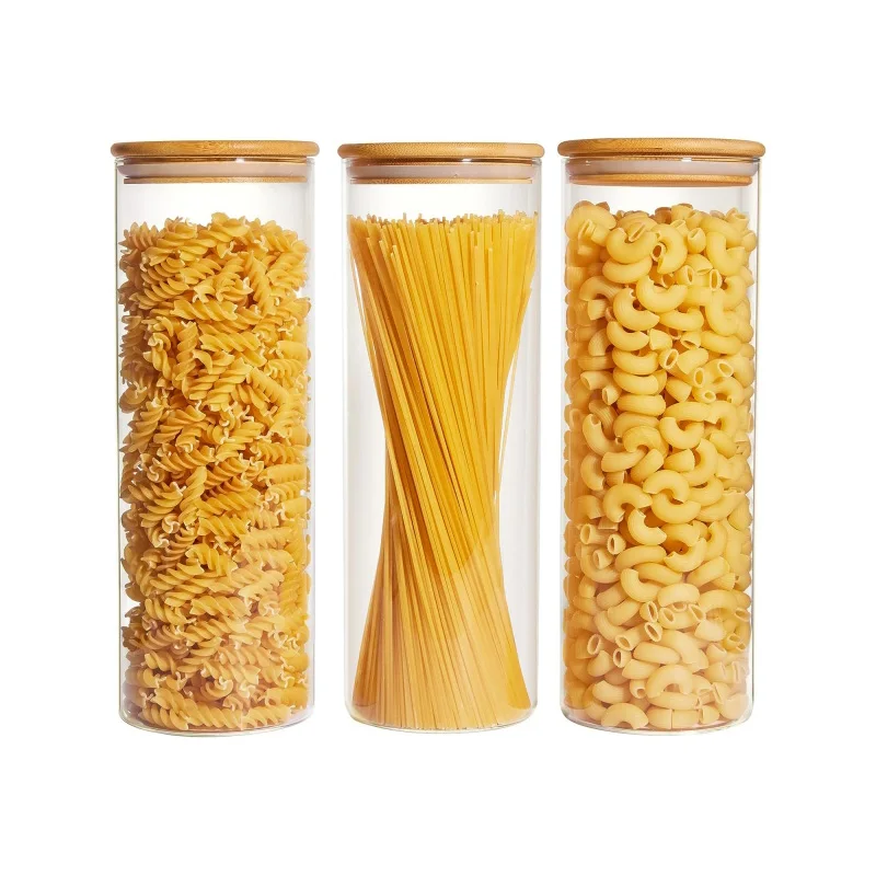 Set of 3 Large Food Containers with Airtight Bamboo Lids for Pasta Nuts Flour Glass Canisters for Kitchen Pantry Organization