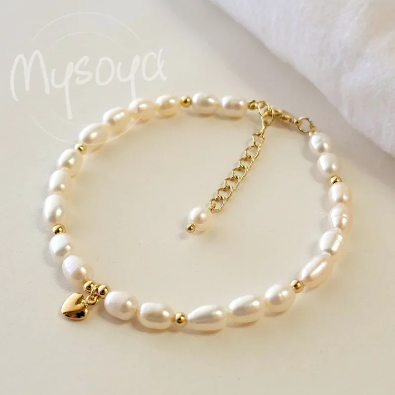 

MYSOYA 6-7mm White Rice Shape Freshwater Pearl Bracelet For Women And Men With Gift Box Wedding Birthday Christmas Gift