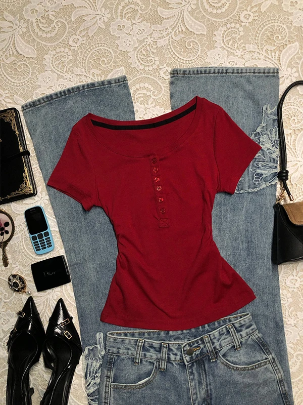 

Red Original BaoYao Girl ort Sve T-irt Women's Summer Vintage Design round Ne Slim Fit Cotton Top Korean Sle