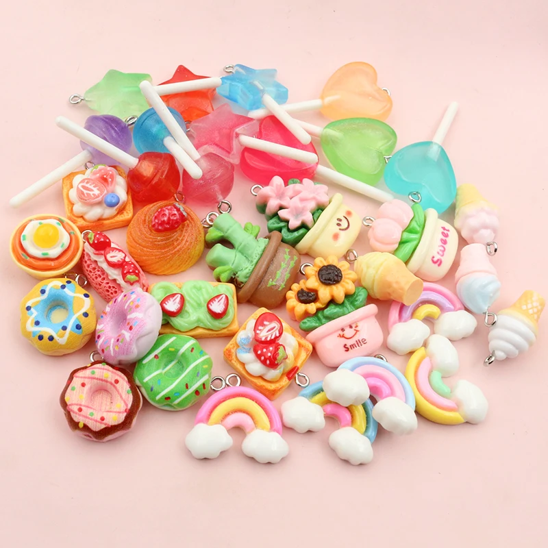 10 ألوان مختلطة الراتنج لطيف كعكة الزهور قوس قزح مصاصة سحر قلادة ديي صنع المجوهرات اكسسوارات المفاتيح قلادة