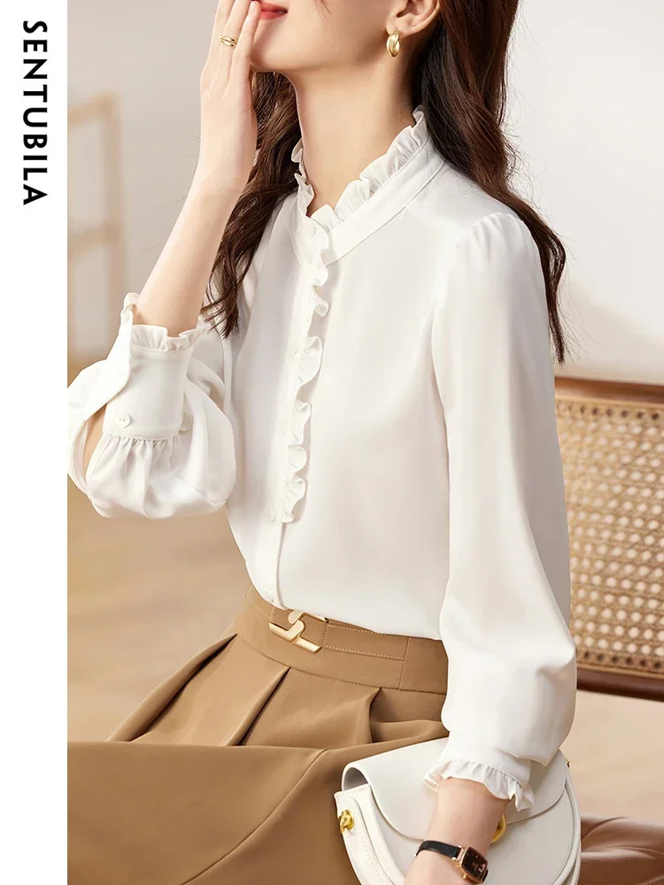 SENTUBILA Elegant Ruffled White Shirts for Women 2025 New Fashion Stand Collar Long Sleeve Chiffon Tops Office Wear 131V46907