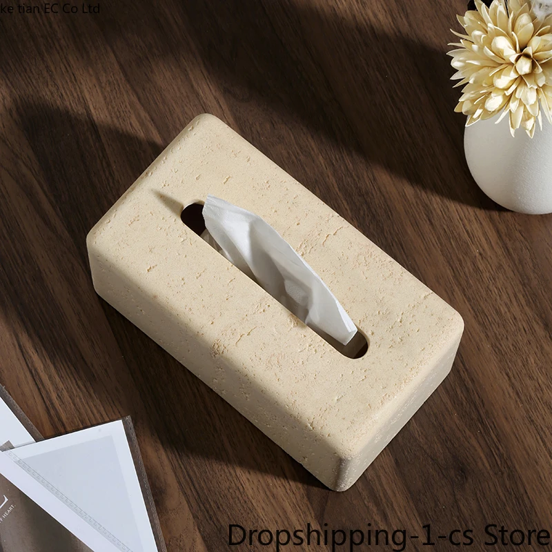 Wabi-sabi wind tunnel stone napkin box household light luxury living room decoration coffee table tissue box napkin holder