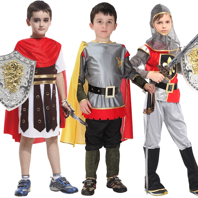 Kids Boys Royal Warrior Knight Costumes Soldier Children Medieval Roman Attached Cape Carnival Party No Weapon