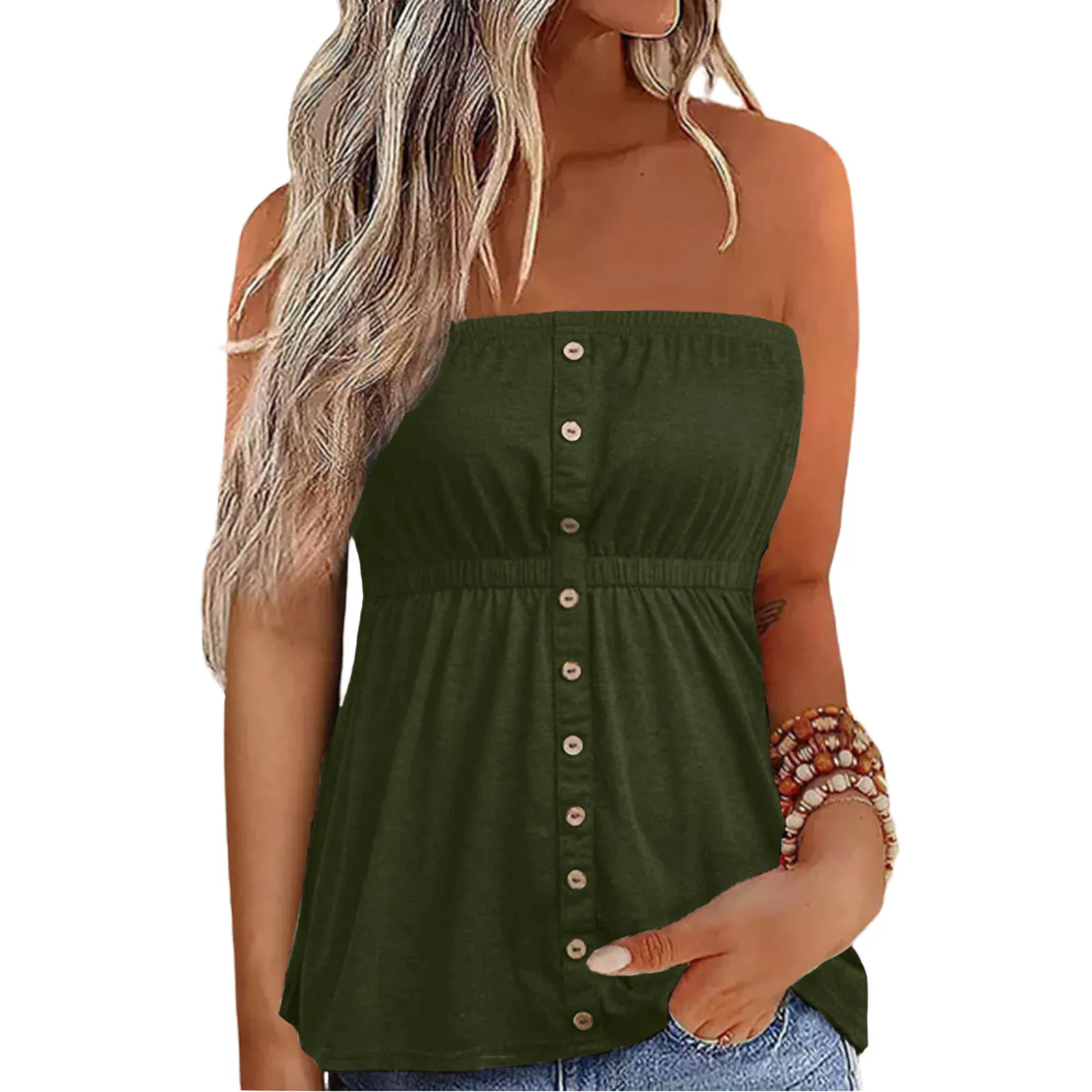 

Women Casual Jumpsuit Summer 2024 Tube Top Ruffle Button Lace Wide Leg Shorts Vacation Suit Fashionable Women'S Clothing Tops