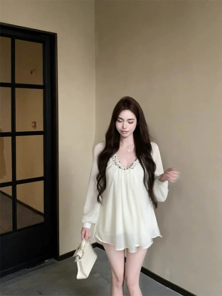 Camisa de gasa con cuello en V y lentejuelas de diseño de lujo para mujer, blusa holgada de manga larga de color albaricoque, Tops de estilo festivo 2025