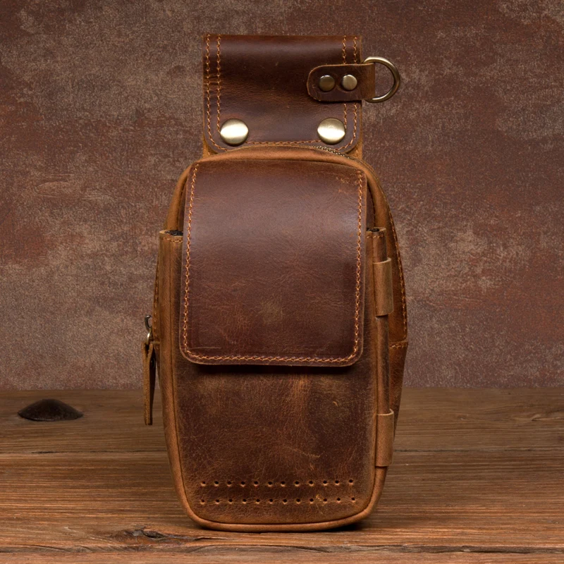 Mini mobile phone bag retro crazy horse leather bag leather men\'s Baotou layer leather small pockets leather leg bag