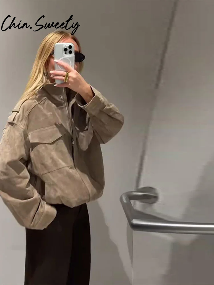 Dámská bunda Street Semiš Solid s dlouhým rukávem a stojáčkem, zipy a kapsami, ležérní elegantní dámská bunda, podzim 2025 - náhled 4