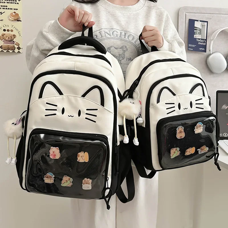 Y2K Cute Cat Backpacks Large Capacity Knapsack Casual Girl Transparent DIY Display Rucksack Cartoon Trendy Travel Schoolbags