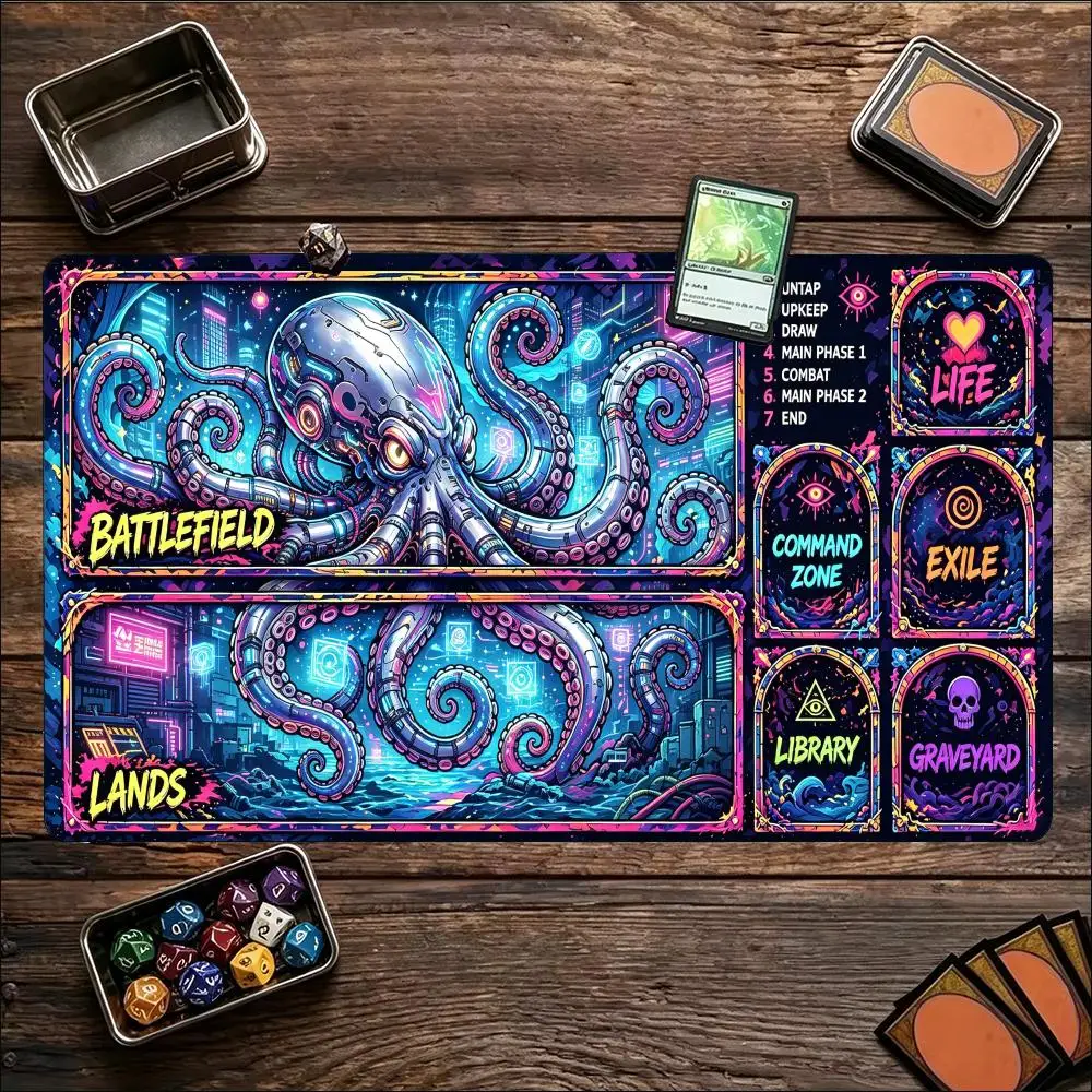 Neon Cosmic Kraken Octopus Large Game Mat Non‑Slip Rubber Playmat Swirling Tentacle for Trading Card Tabletop Hobby Sessions