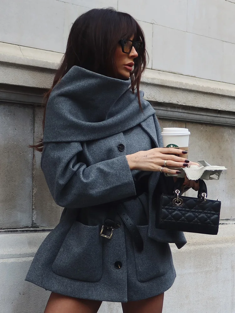 

HH женское зимнее модное универсальное пальто с шарфом и воротником в британском стиле, темно-синее пальто, женская уличная одежда, повседневная темпераментная куртка с карманами