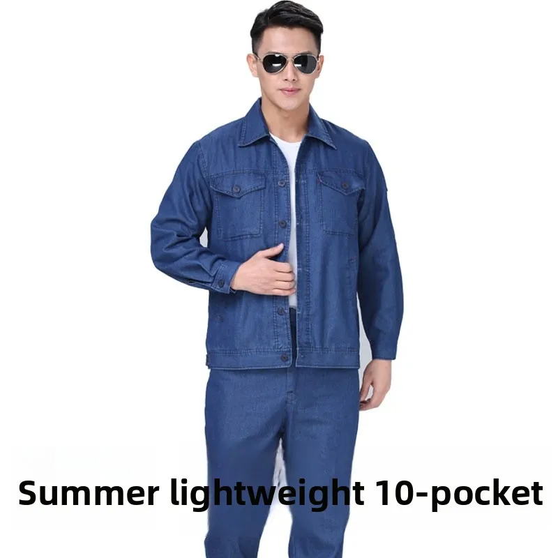 

Summer Thin Cotton Workwear Set for Men Welding Grid Multiple Pockets Safety Clothing Large Size Factory Workshop