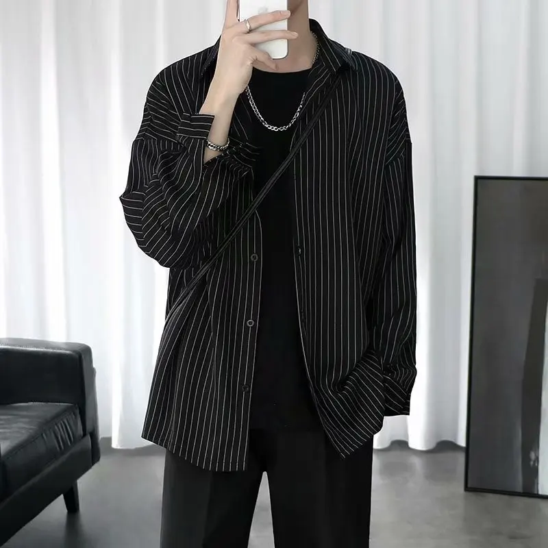 

Trendy Brand Men's Loose Fit Long Sleeve Collared Shirt plus Size Casual Versatile Spring Autumn Outerwear Slimming Stripes