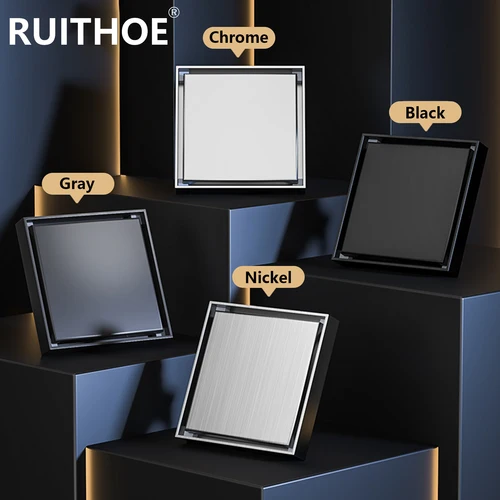 Desagüe de suelo de pie, 10x10cm, desagües de baño antiolor, desodorización cuadrada, bricolaje, filtro de ducha negro, tapón, tubo de cubierta de acero inoxidable 304