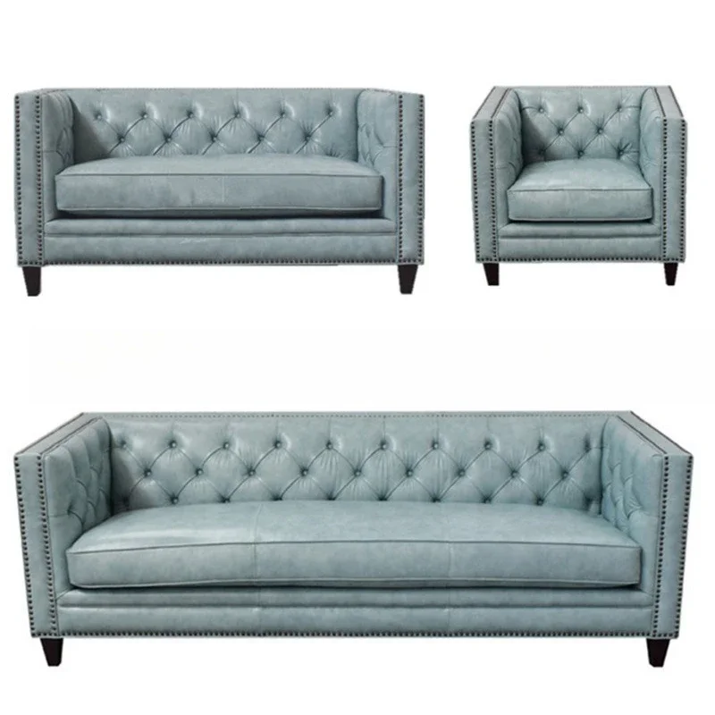 

American leather art buckle three-person sofa, living room leisure soft bag combination, sofa fashion reception sofa