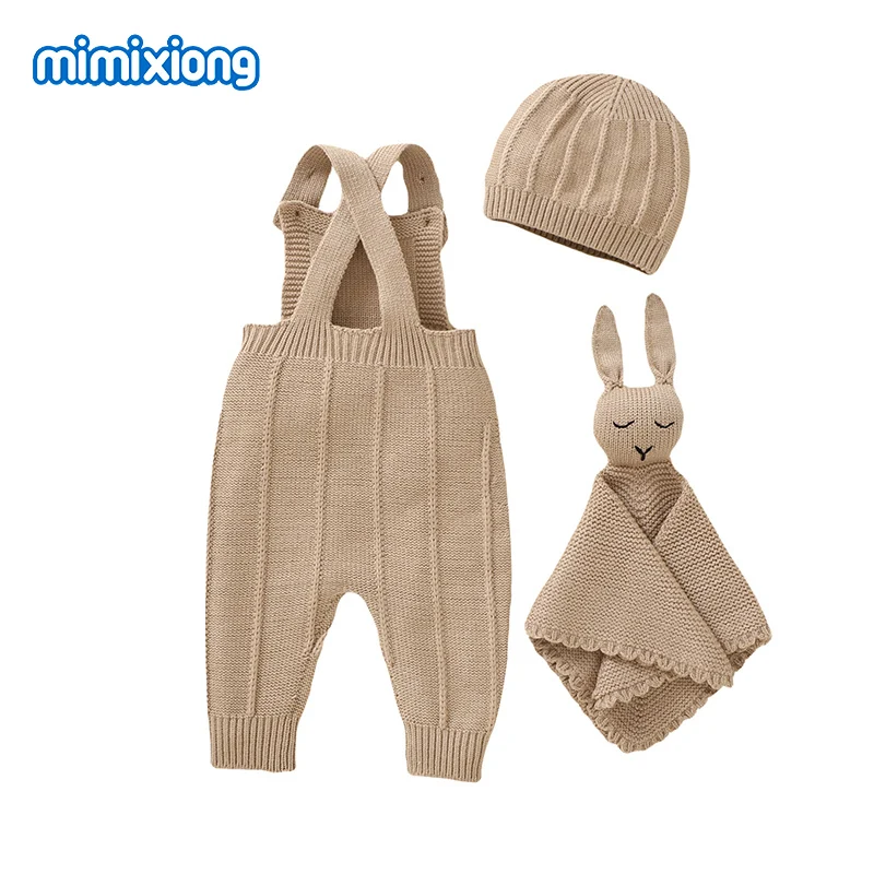 0-18m Newborn Clothes Spring Solid Sleeveless Knitted Baby Boys Girls Rompers Hats Security Towel 3pcs Sets Autumn Infant Outfit