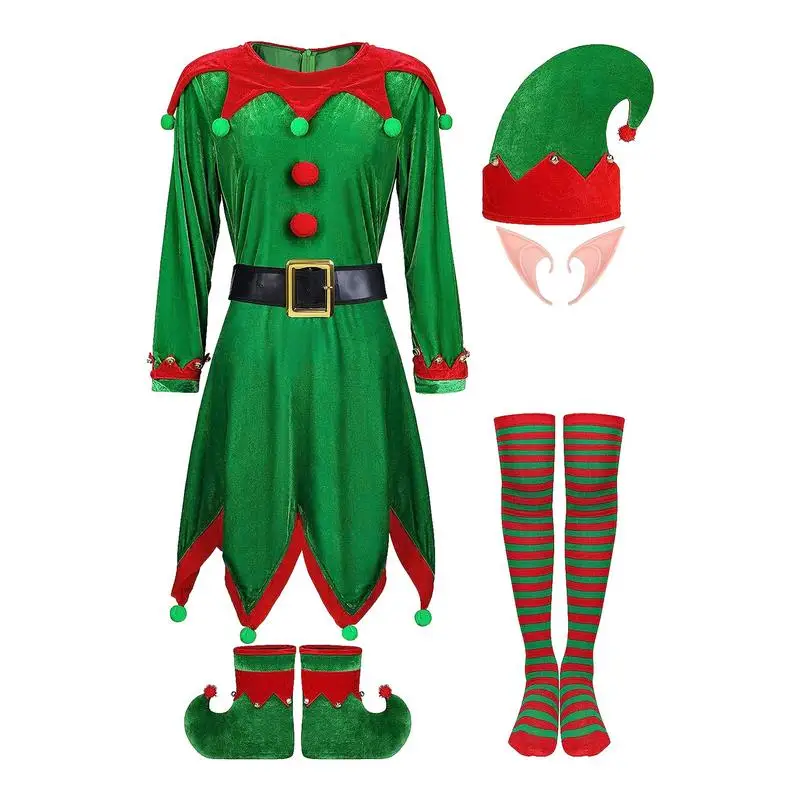 

Christmas Elf Costume Set Santa's Helper Elf Costume Suit with Shoe Belt Elf Ear Elf Hat Dress Stocking for Christmas Role Play