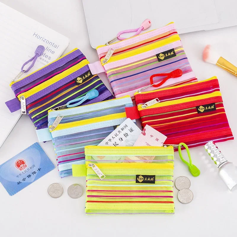 Rainbow Clear Mesh Coin Purse Patchwork Double Layer Women Girl Mini Transparent Card Holder Storage Bag Pouch Korean Style