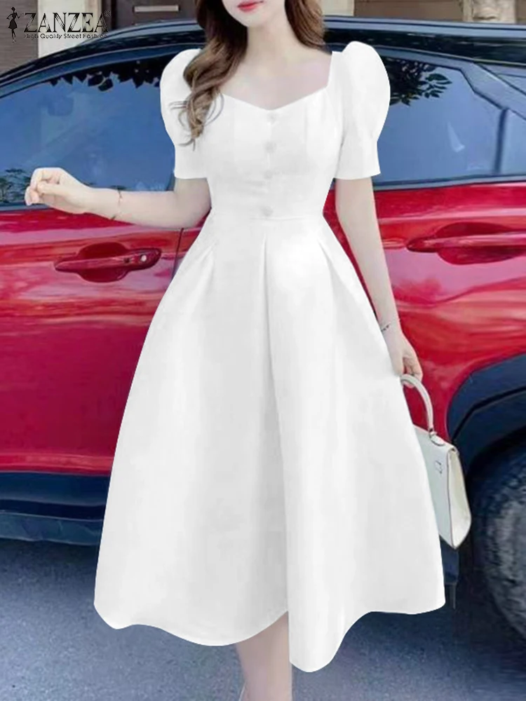 

2025 ZANZEA Elegant Women Sundress Fashion Summer Short Sleeve Dress Solid Color Square Collar Midi Vestidos Casual Party Robe