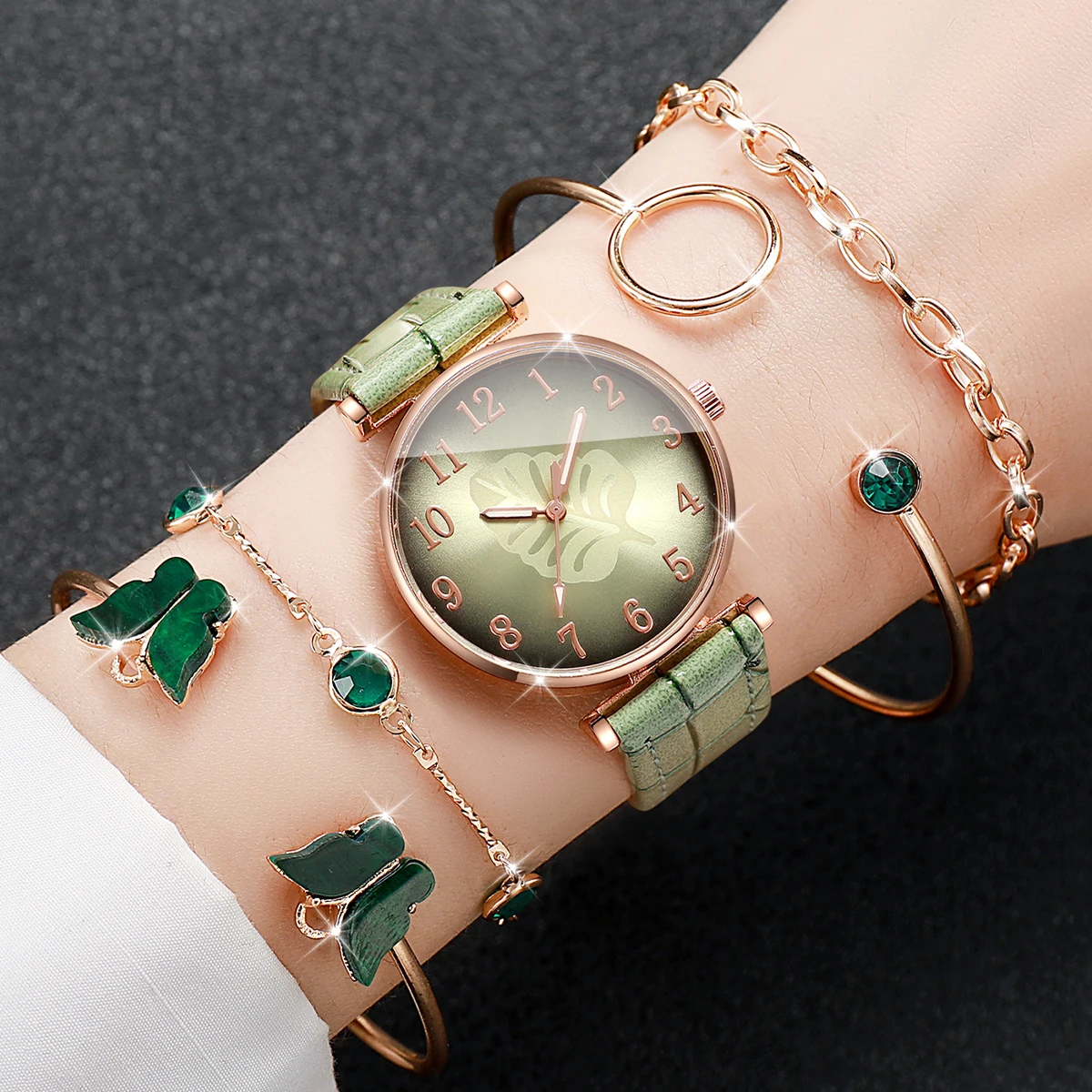 5PCS/Set Elegant Leaf  Dial Women Watches Leather Strap Quartz Watch Bracelets Set Ladies Clock Reloj Mujer (Without Box)