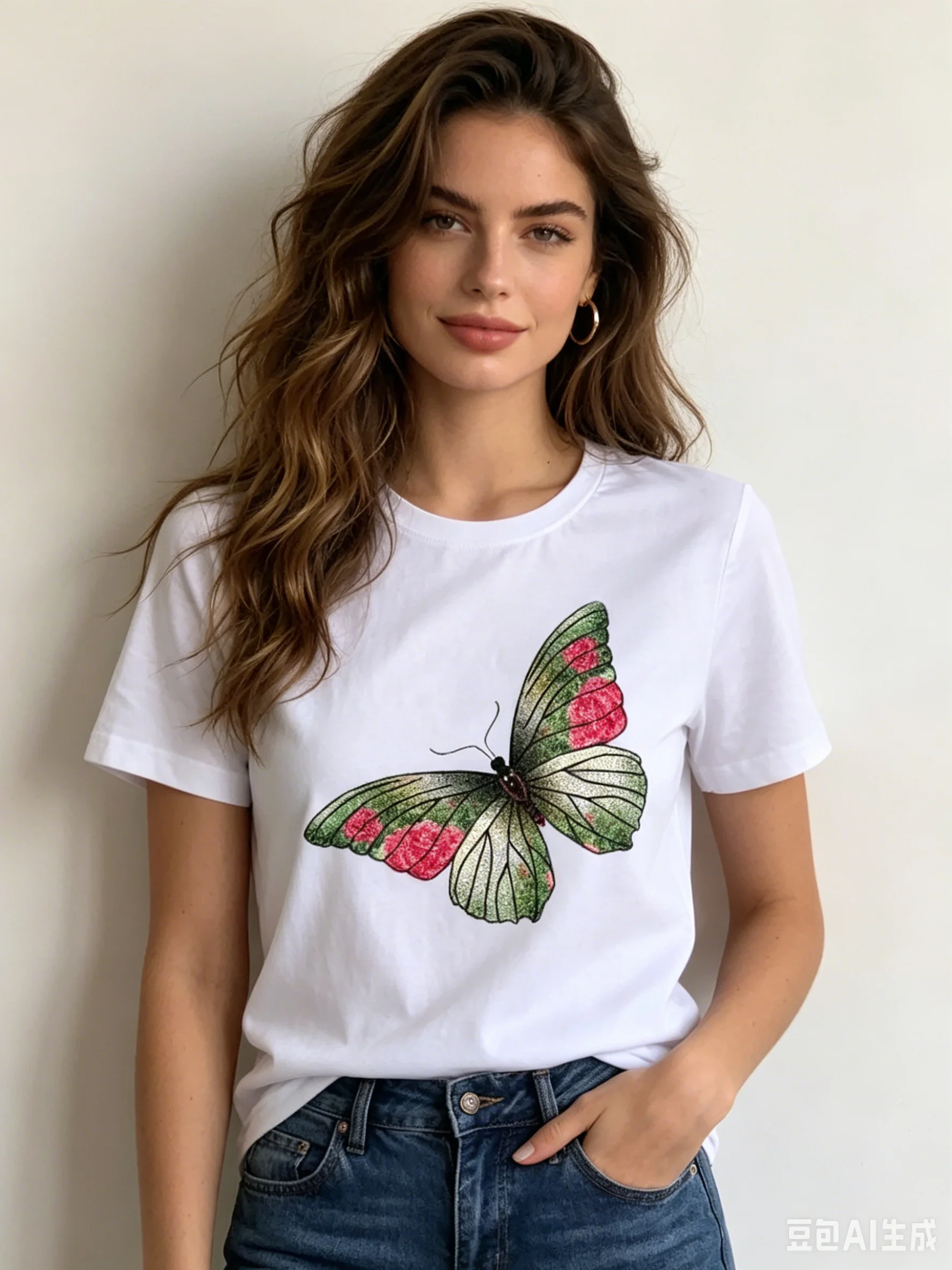 

Women's Butterfly Print Cartoon Short Sleeve European American Style Female Top Clothing Polyester fabric Summer