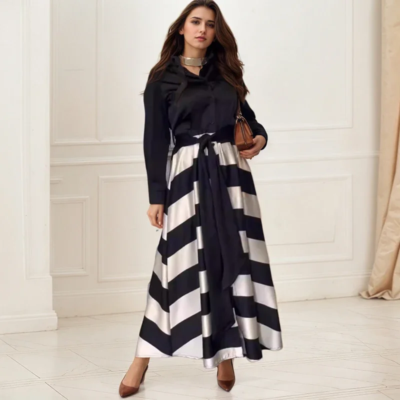 

Vintage Contrast Color Patchwork Dress High Street Turn Down Collar Single Breasted Lace-up Striped Printing Splicing Slim Dress