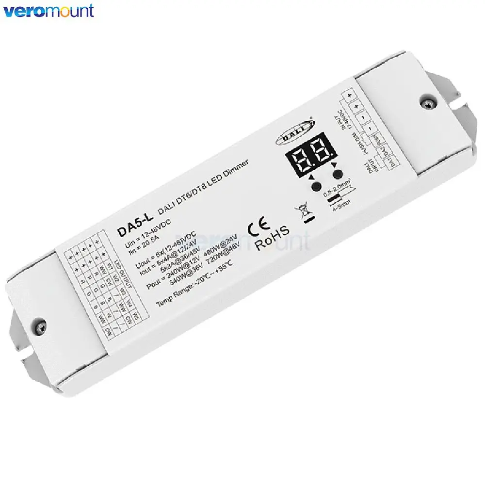 Skydance 5CH*4A 12V-48VDC CV DALI LED Dimmer 5 Channel 24V Controller  Constant Voltage DA5-L（DT6/DT8）For RGB RGBCCT LED Light