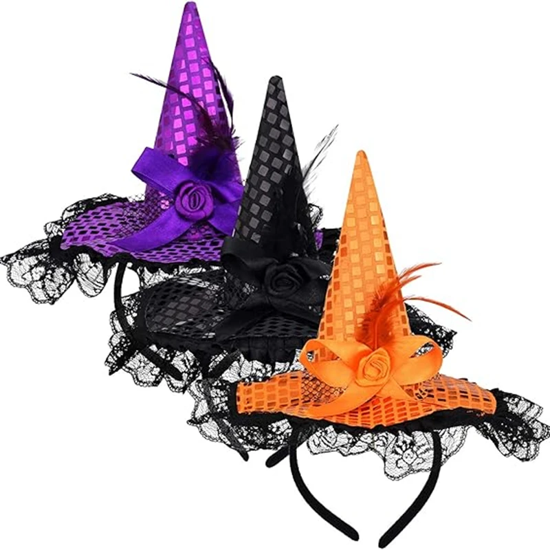 3 Color Halloween Witch Hat Headwear Halloween Feather Lace Witch Headband for Party Performance Prop Tiara Hair Accessories