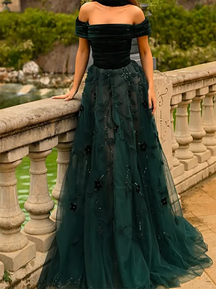 فساتين سهرة رسمية أنيقة مكشوفة الكتف مزينة بالزهور وحفلات أعياد الميلاد حسب الطلب