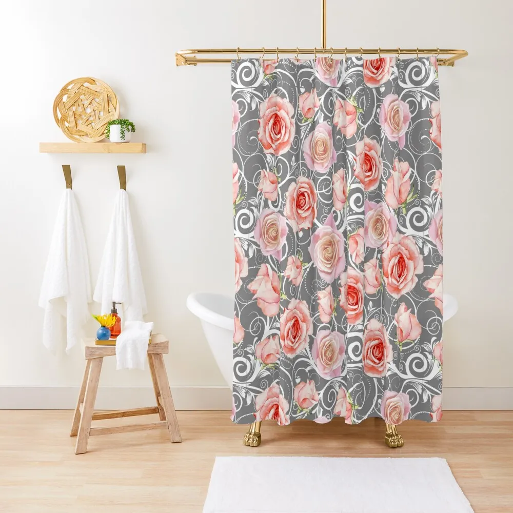 

Pink Roses Swirl Background Shower Curtain Shower Set Bathroom For Shower Set For Bathroom Funny Curtain