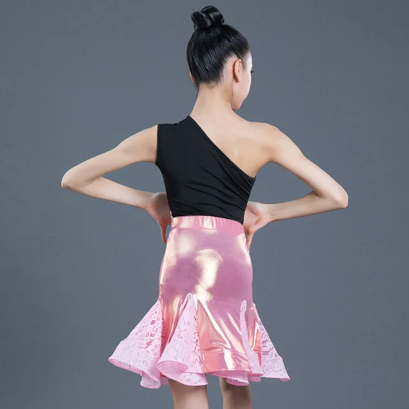 Costume de danse latine pour enfants, jupe latine pour filles, performance de style d'été, ensembles de robes de danse latine, dentelle noire rose, nouveau