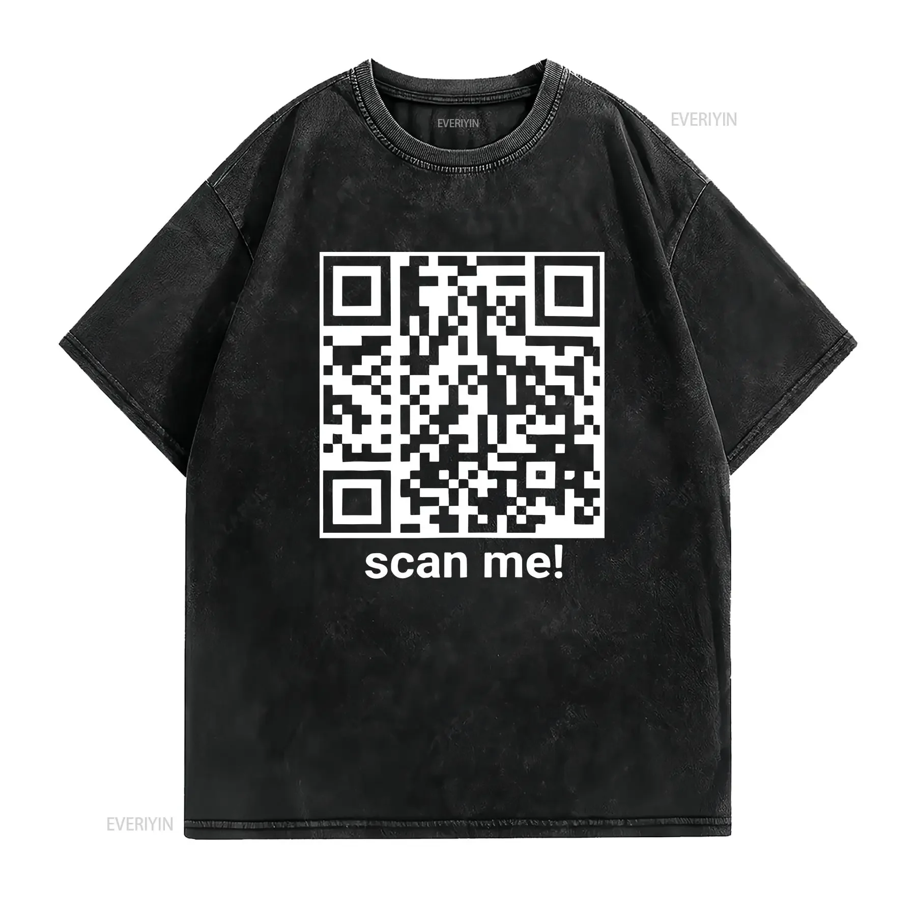 Introducing the QR Code T Shirt in black long or short sleeves vintage Washed Stretched homme Casual Unisex fashion