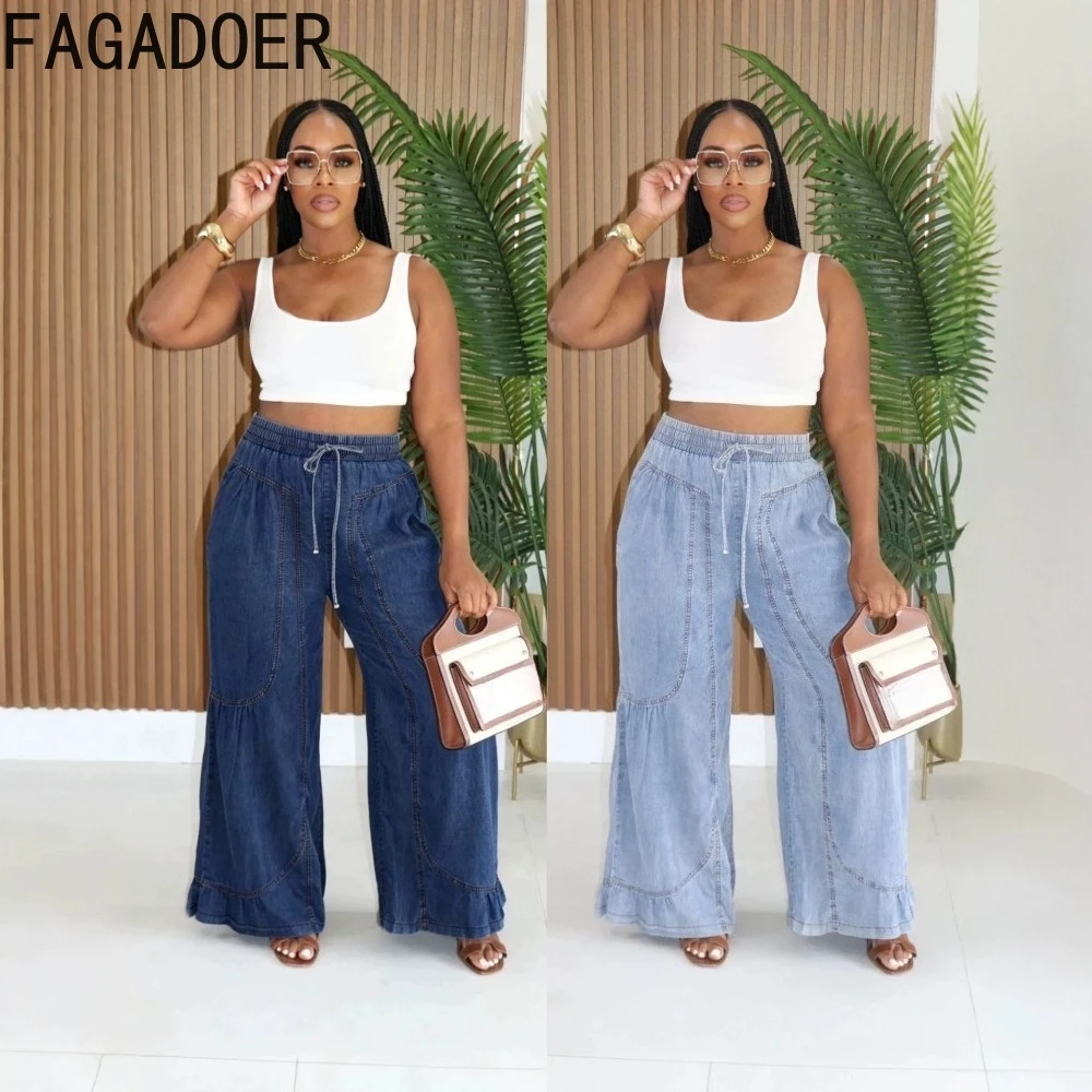 FAGADOER Casual Loose Wide Leg Denim Pants for Women Fashion Waist Drawstring Line Patchwork Ruffle Hem Baggy Jean Trousers New