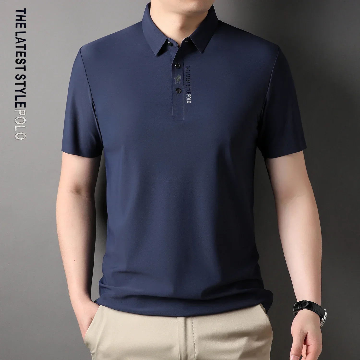 New European Silk High-end Summer Polo Shirt for Men's Business Casual Seamless Ice Silk Short