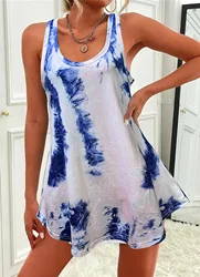Summer new style casual, comfortable and fashionable tie-dye printed round neck sleeveless long top for women