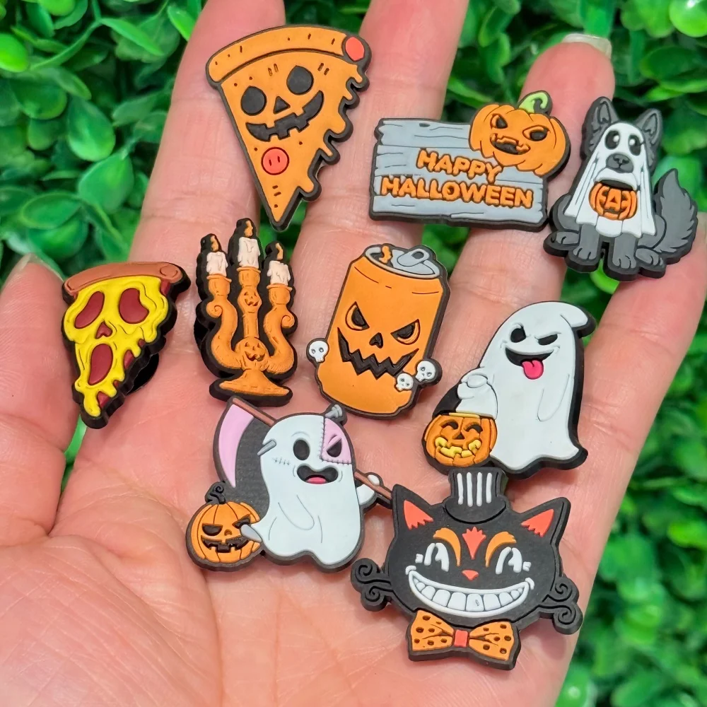 9-100pcs Cartoon Ghost Pumpkin Pizza Shoe Charms PVC DIY Shoe Accessories for Classic Clog Shoe Decoration Halloween Gifts