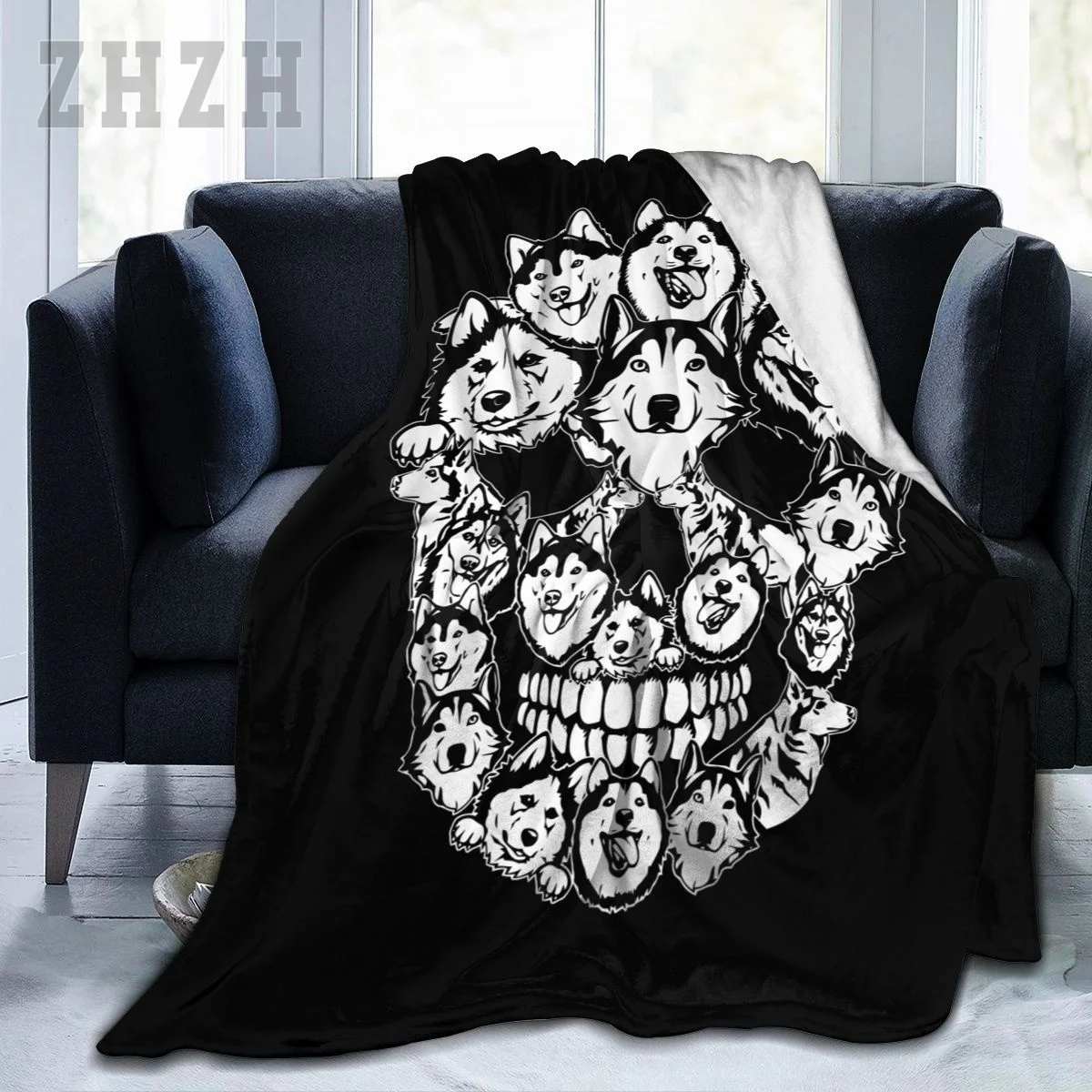 Blanket Halloween Costume Skull Siberian Husky Dog Lover Flannel Multifunction Camping Sofa Cover Keep Warm