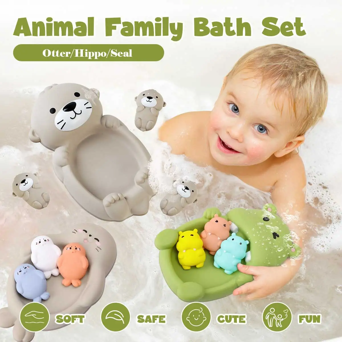 Baby Bath Toy Set Cute Animal Family Soft Silicone Otter Hippo seal Floating Bathtub Toys for Toddlers Kids Squeeze Water Play