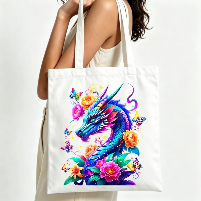 fantasy dragon canvas tote bag with floral and butterfly print, perfect for casual daily use and summer outings