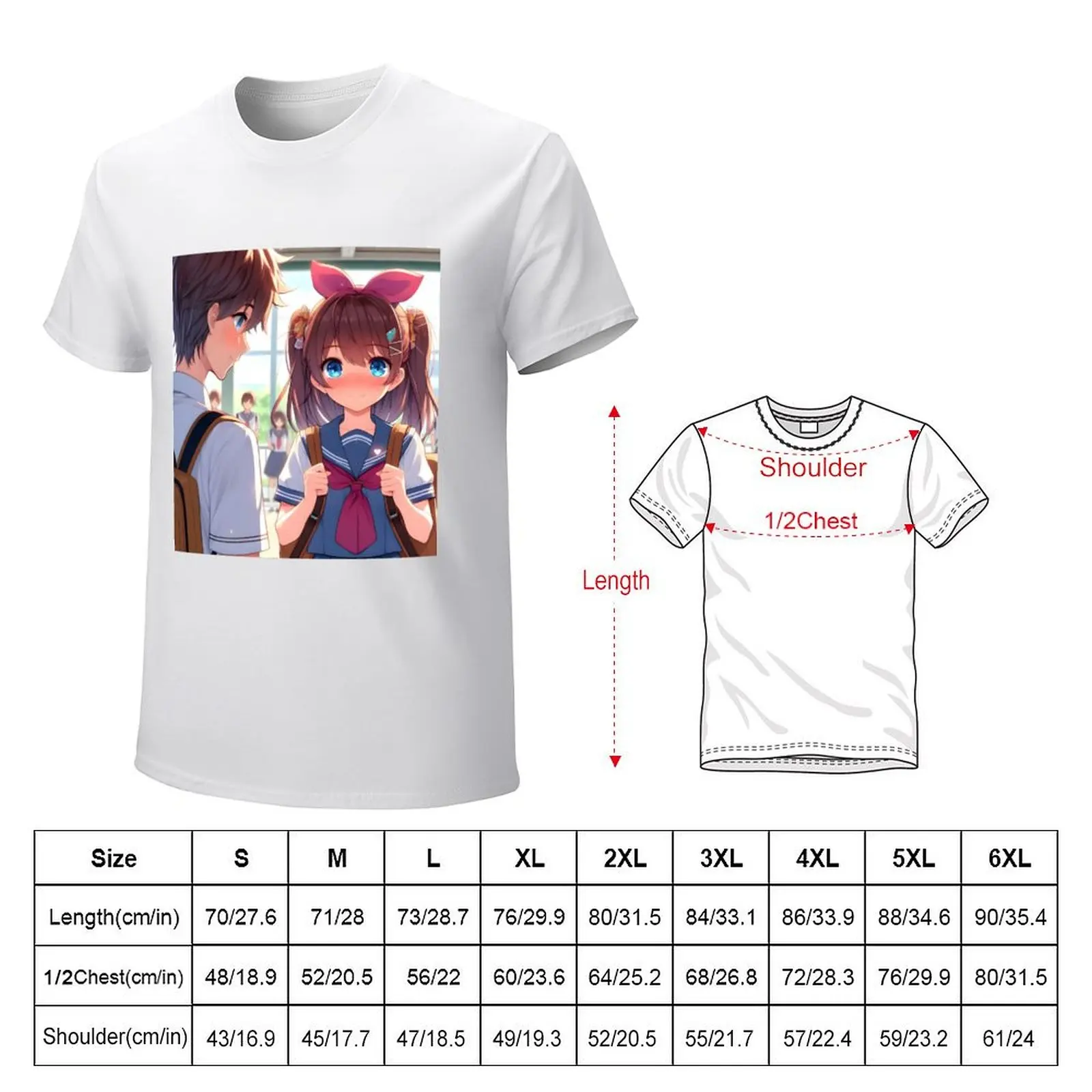 Adorable anime style print cute schoolboy and schoolgirl share a shy moment Ideal gift for fans of manga and k-pop cultu T-shirt