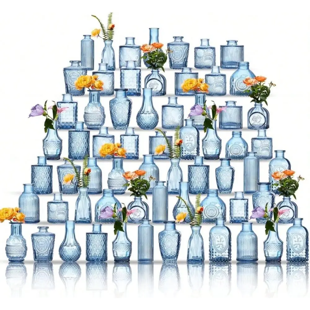 

Bud Vases Set Of 64 Blue Assorted Small Mini Glass Vases For Flowers, Crystal Vintage Vase Set, Bulk Centerpieces For Table Dec