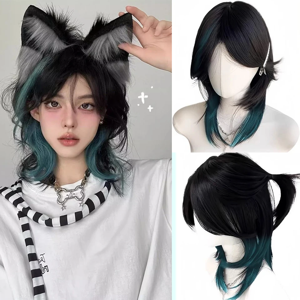 

Synthetic Wolf Tail Warrior Head Wig Green Highlight Hanging Ear Middle Part Short Hair Style Daily Fluffy Natural Mullet Head